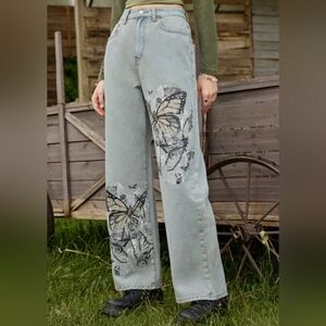 Fairycore Butterfly Graphic Romwe Straight Leg Jeans